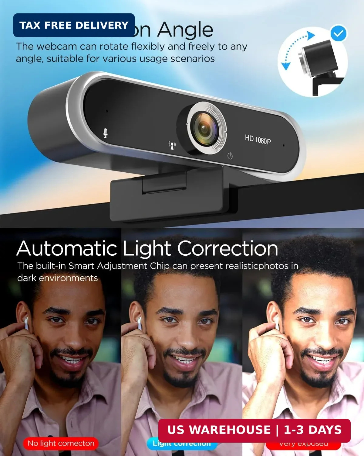 Webcam 1080P with Microphone & Privacy Cover for PC/Laptop, USB Computer Camera
