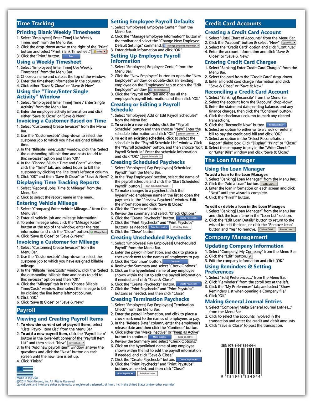 QuickBooks Pro 2015 Training Guide Quick Reference Card 4 Page Cheat Sheet