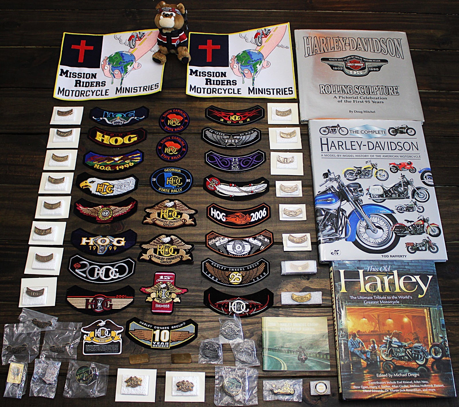 Huge 63 Piece Lot Harley Davidson Motorcycle Patch Pin Book Bulldog '94-2009 HOG