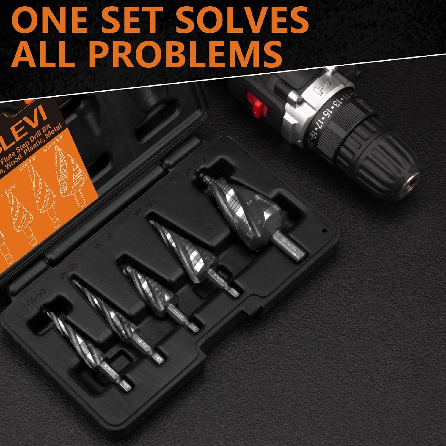 MABLEVI 5 Pcs Four Spiral Flute Step Drill Bit Set, 1/8"-1-3/8" HSS Unibit...