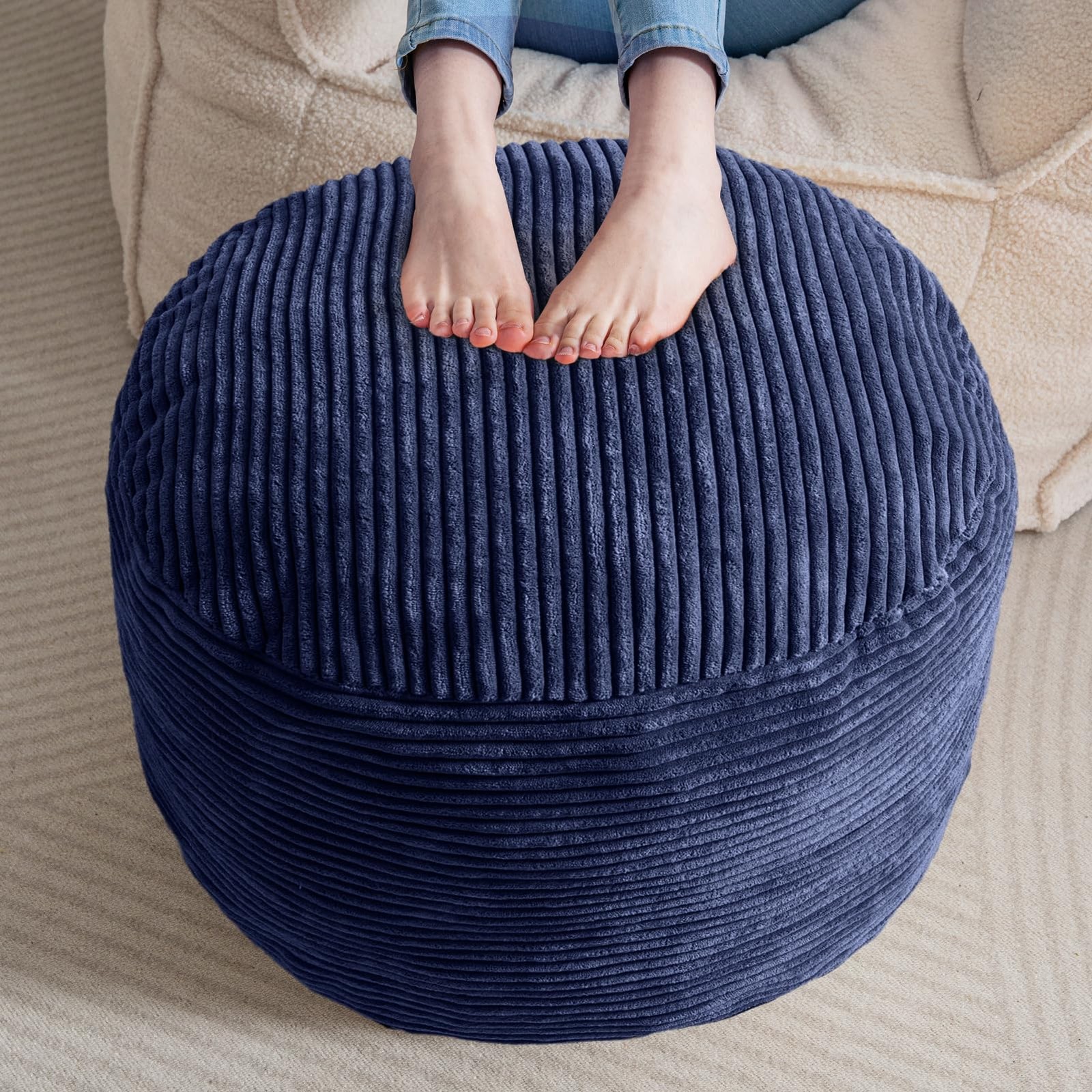 Round Stuffed Pouf Ottoman, Corduroy Poufs with Foam Chunk Filling, Furry and...