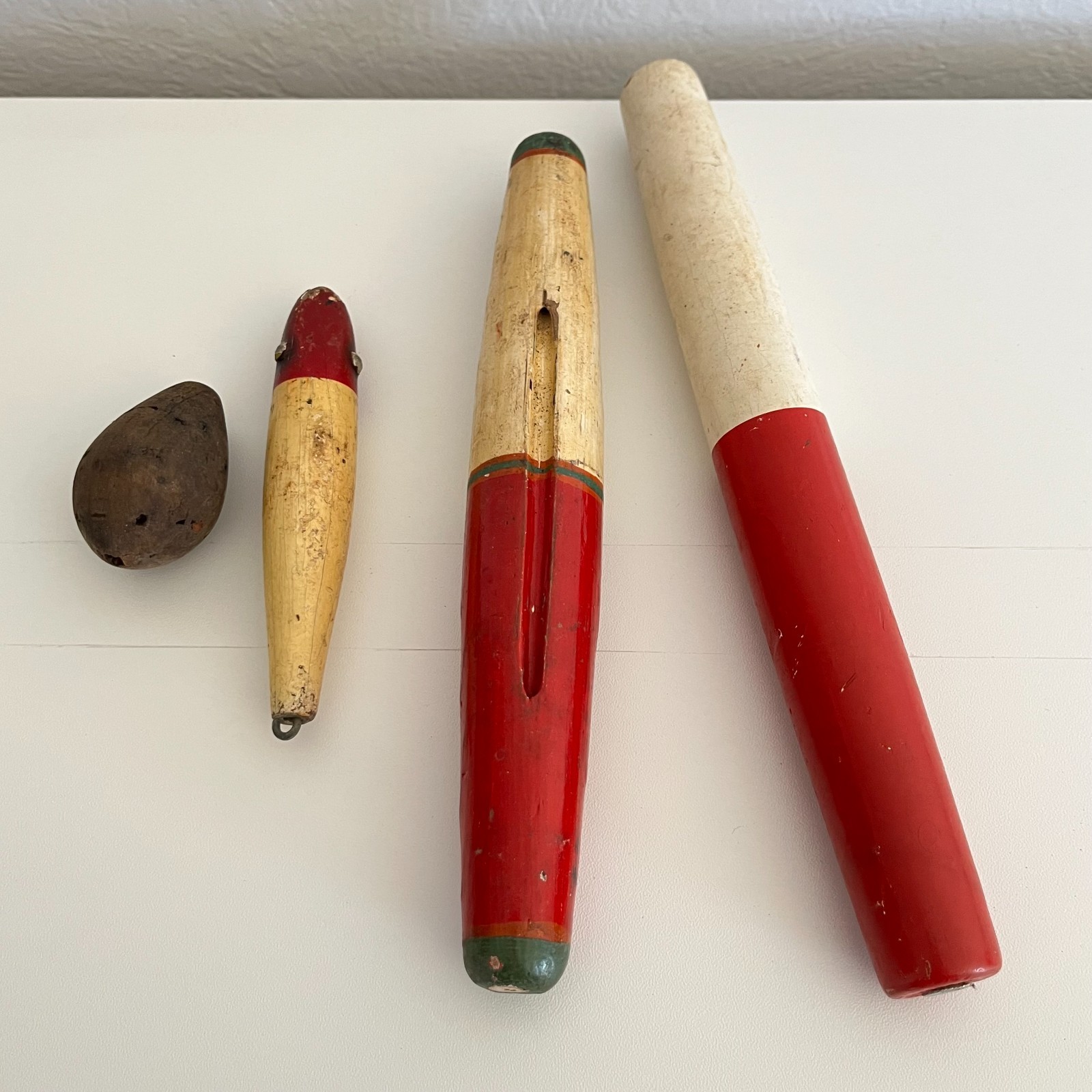 Lot of 3 Vintage Wood Red Fishing Floats Bobbers and 1 Cork Nautical Decor