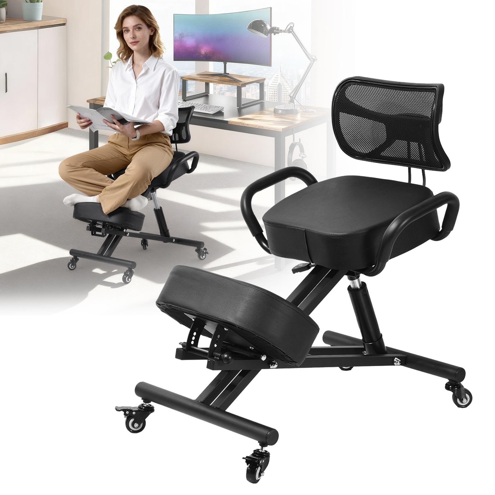 Ergonomic Kneeling Chair with Backrest and Wheels, X-Shaped Design