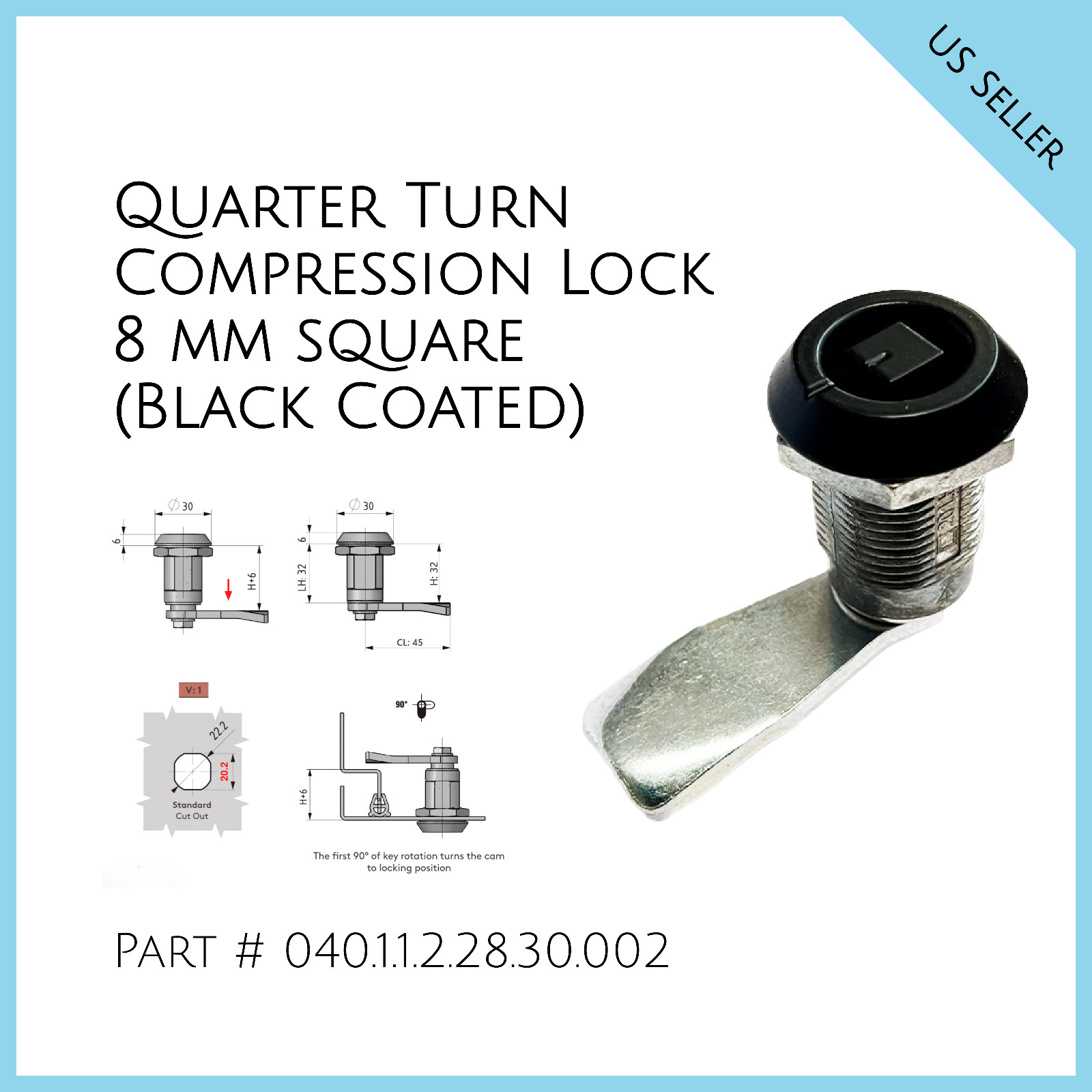Quarter Turn Compression Lock 8 mm Square (Black Coated) # 040.1.1.2.28.30.002