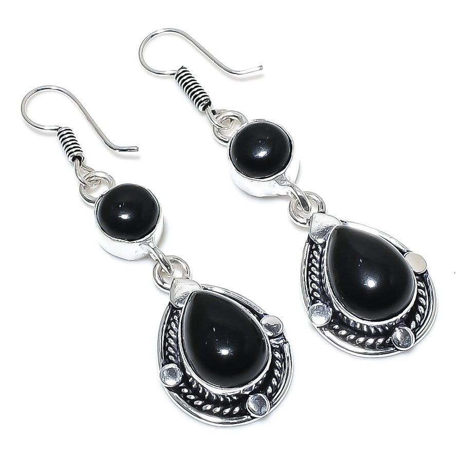 Black Onyx Gemstone Handmade 925 Sterling Silver Jewelry Earring Size 2.25"