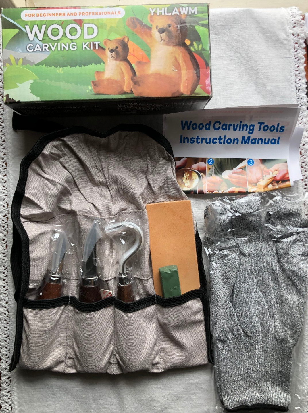 New Wood Carving Tools 6 Piece Set - Knives, Polish, Strop, Cut Resistant Gloves
