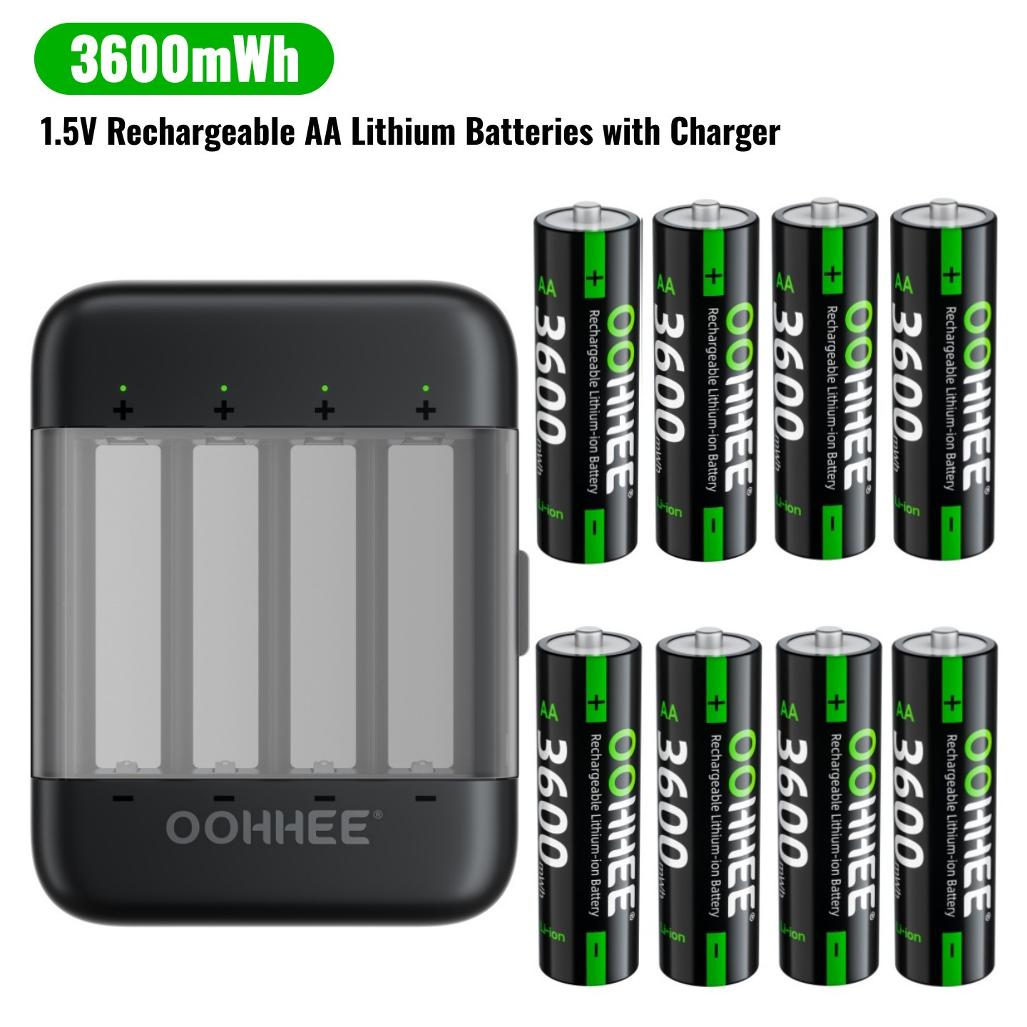 Rechargeable 8x AA Lithium Batteries 3600mWh 1.5V with Fast Charging Storage Box