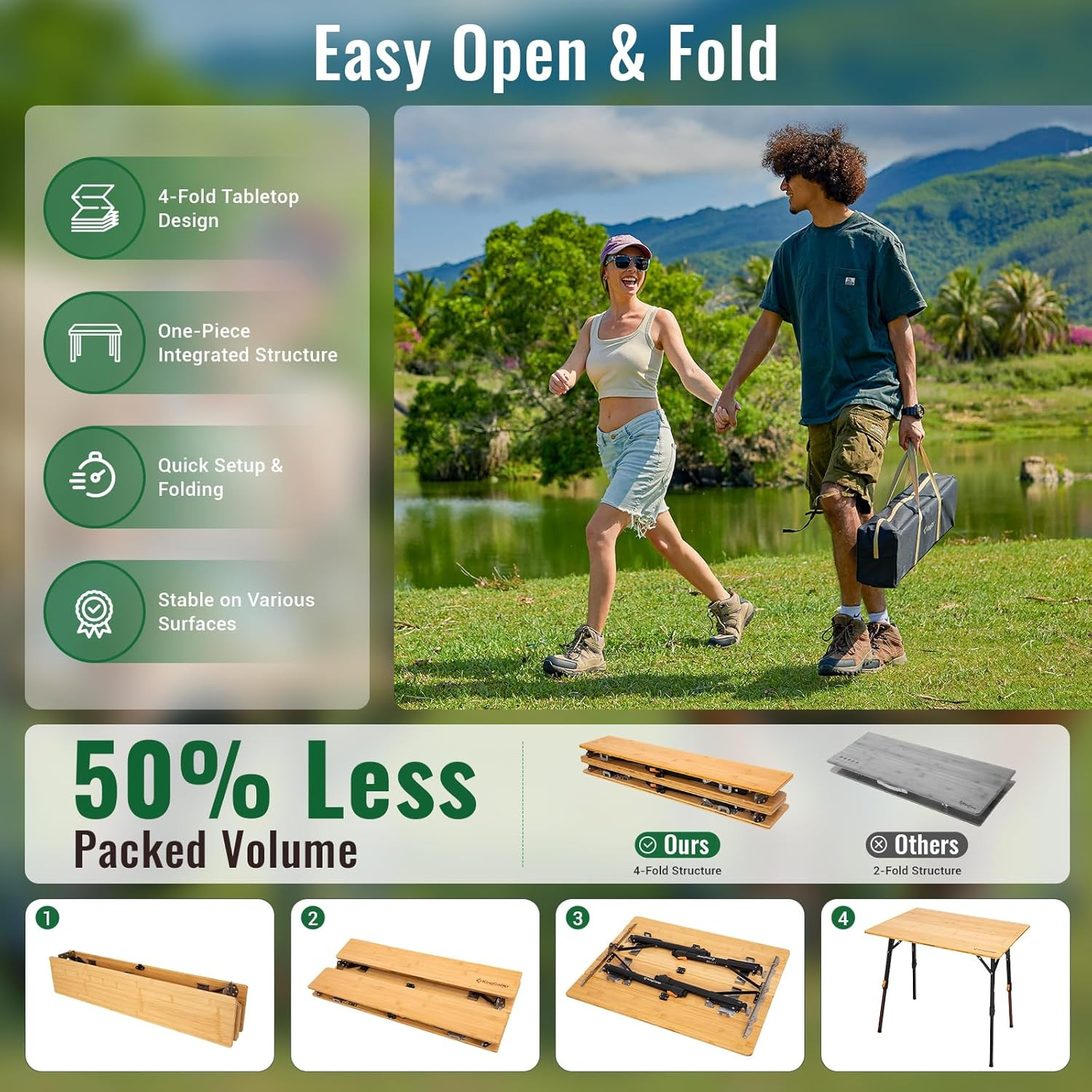 Portable Bamboo Folding Table - Adjustable Height for Camping & BBQ