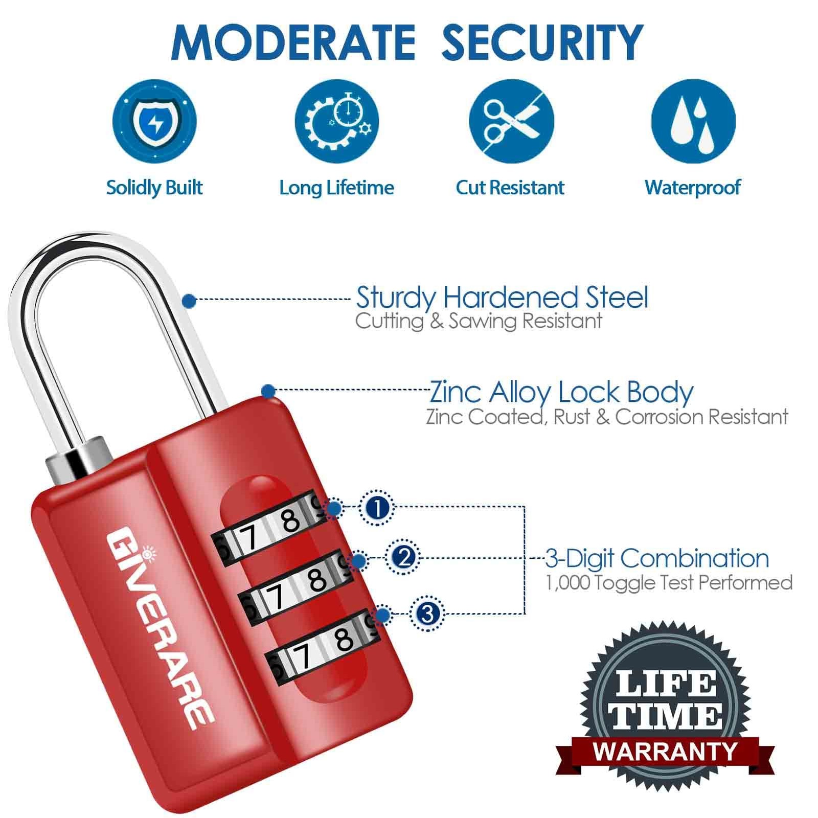 GIVERARE 4 Pack Combination Lock, 3-Digit Padlock Keyless, Small, Red