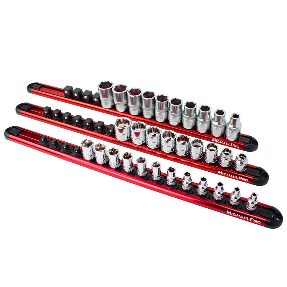 3-Piece Aluminum Socket Organizer Rail Set- 1/4-inch, 3/8-Inch, and 1/2-Inch