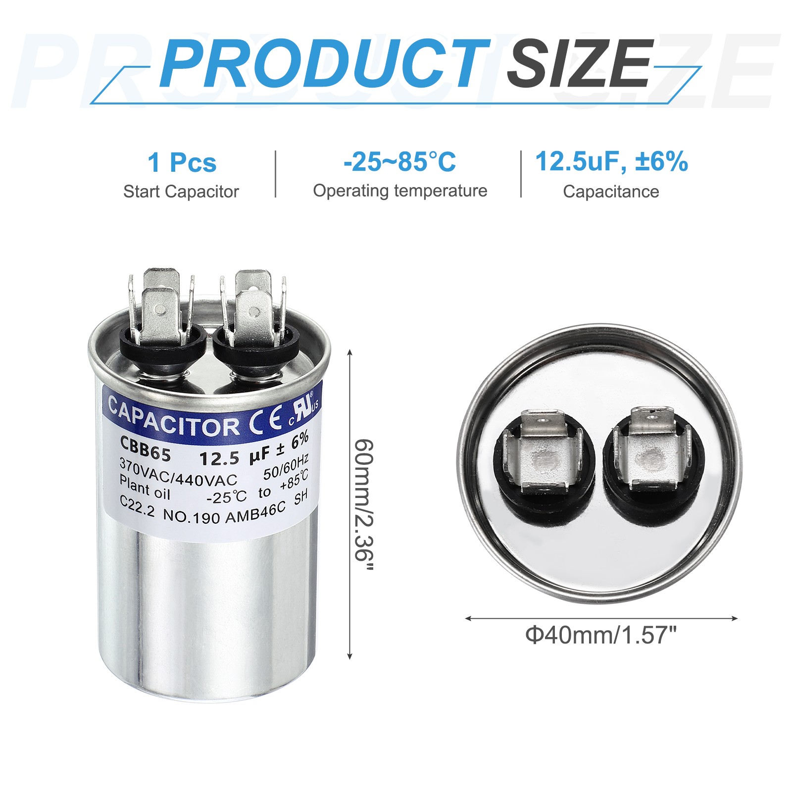 12.5MFD CBB65 Run Start Capacitor 12.5uF, 370/440V Round AC Capacitor