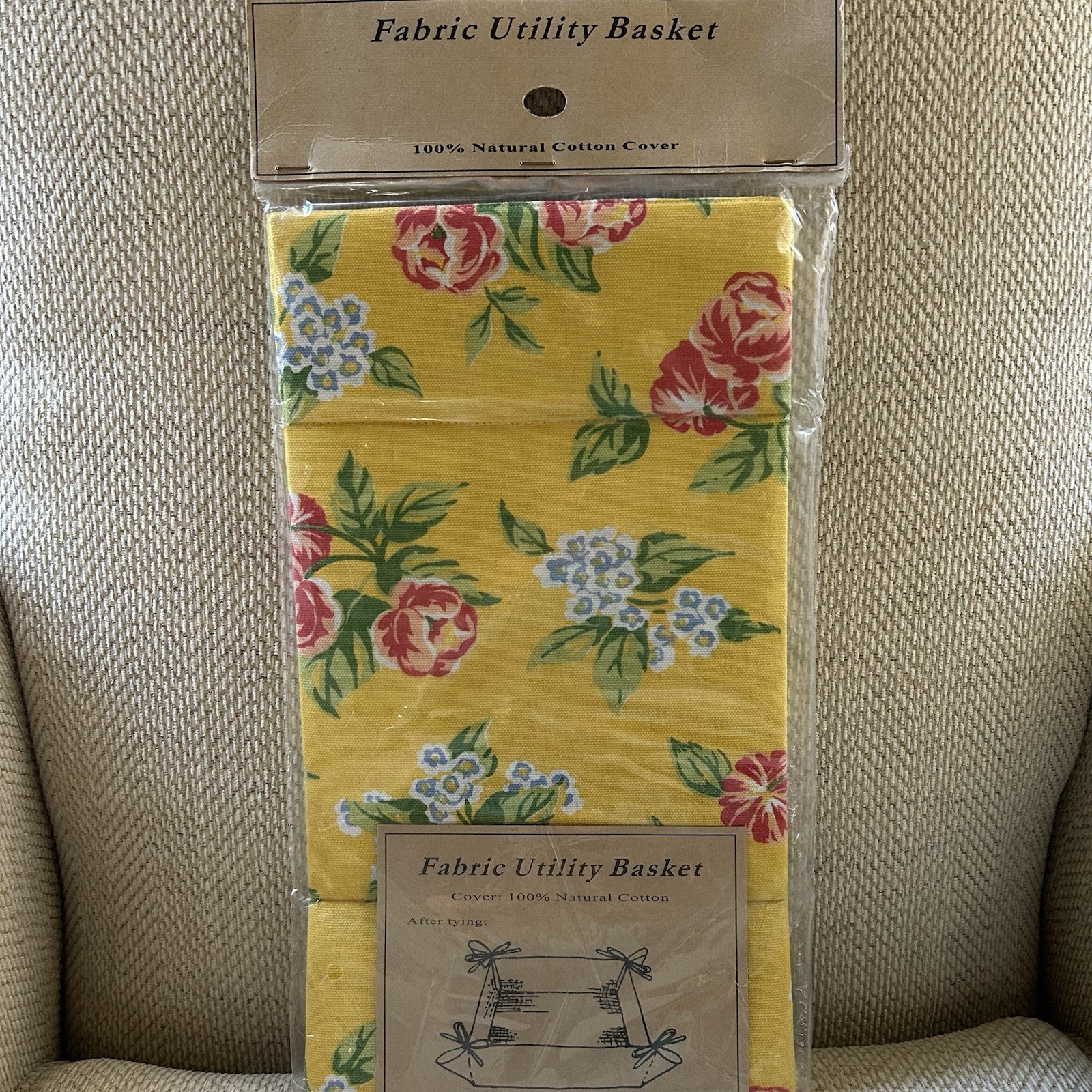 Vtg French Country Fabric Tie Utility Basket Cotton Square Yellow Floral Nip