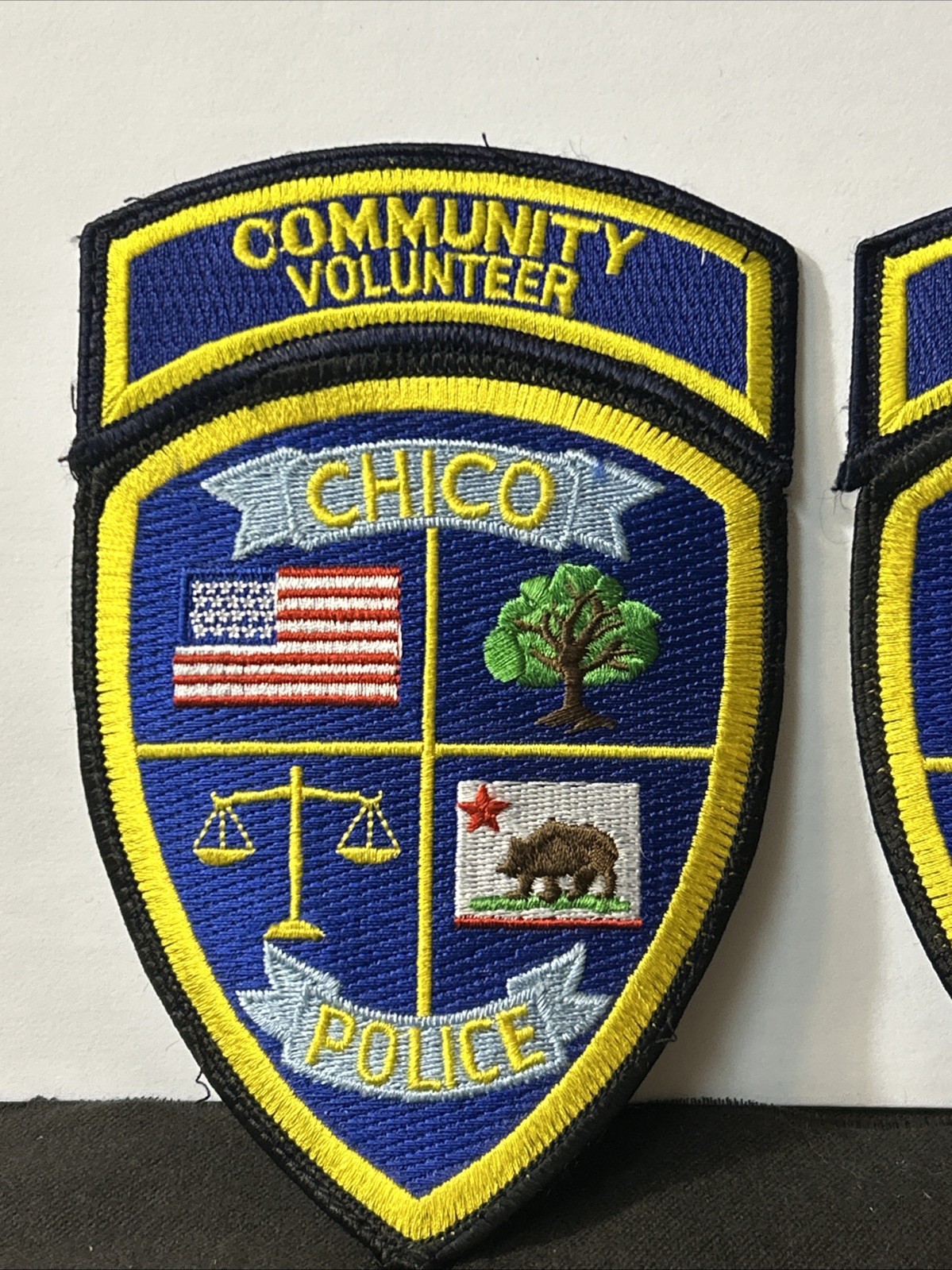 2 LARGE VTG Old City Of Chico California Community Volunteer Police Patch E55