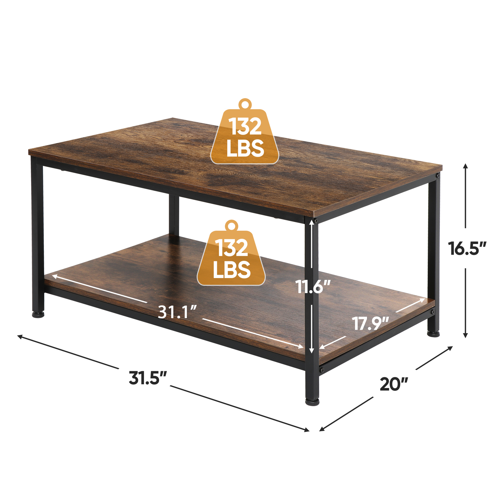 2-Tier Industrial Coffee Table Rectangle TV Stand Side End Table w/Storage Shelf