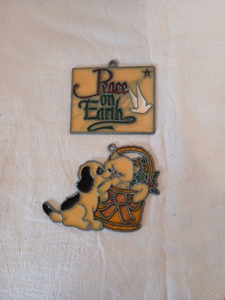 2- Christmas Sun Catchers Stained Glass Christmas, Peace, Puppy,  Kitty, Vintage