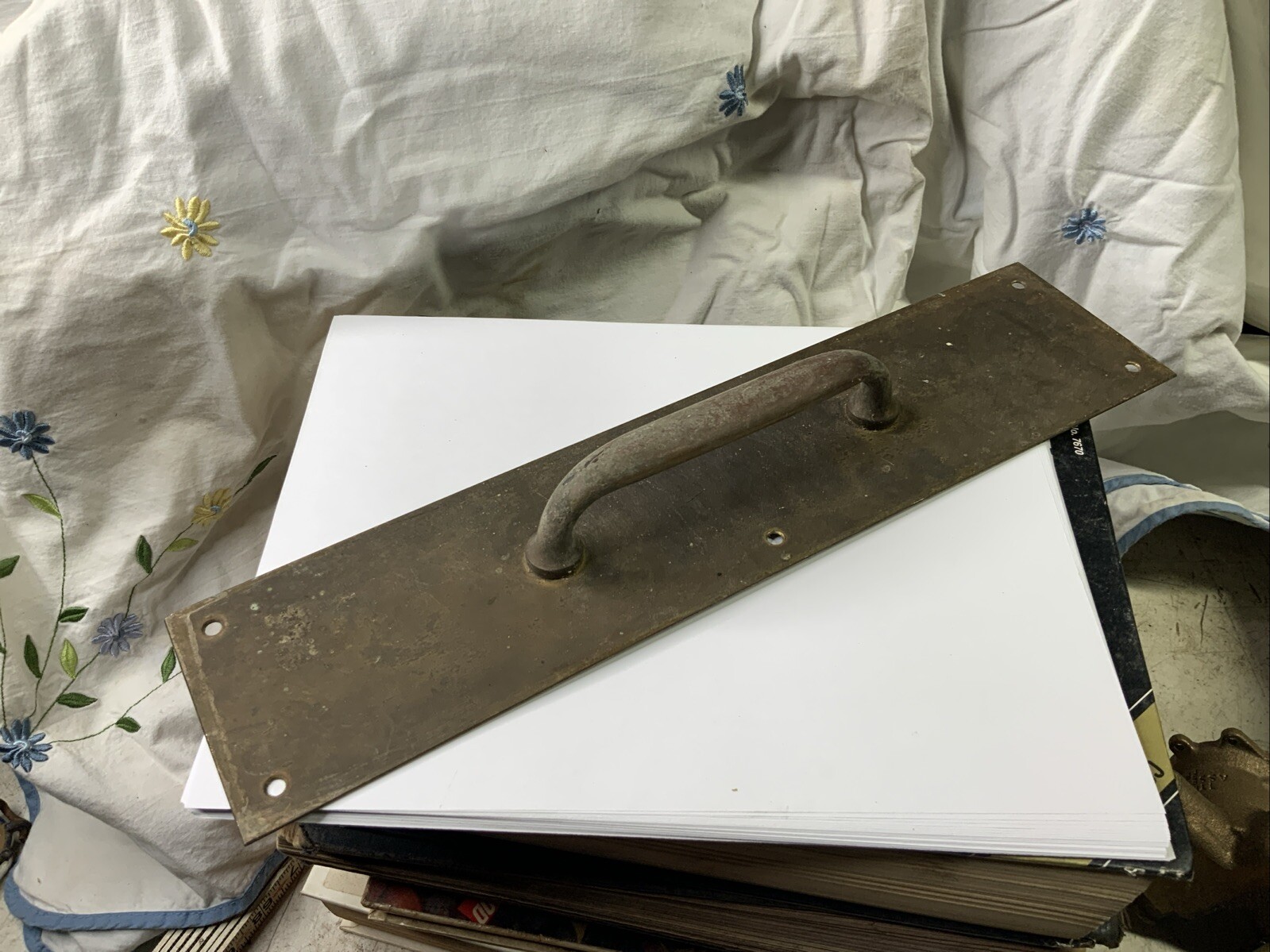 Vintage SOLID BRASS  PULL  PLATE  3 1/2" X 15" BRASS on SOLID BRASS`