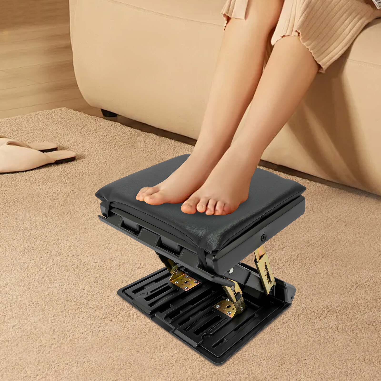 12.4*12.4*3.35in Black ABS& PU& Sponge& Copper Ergonomic Foldable Footrest ﻿ ﻿