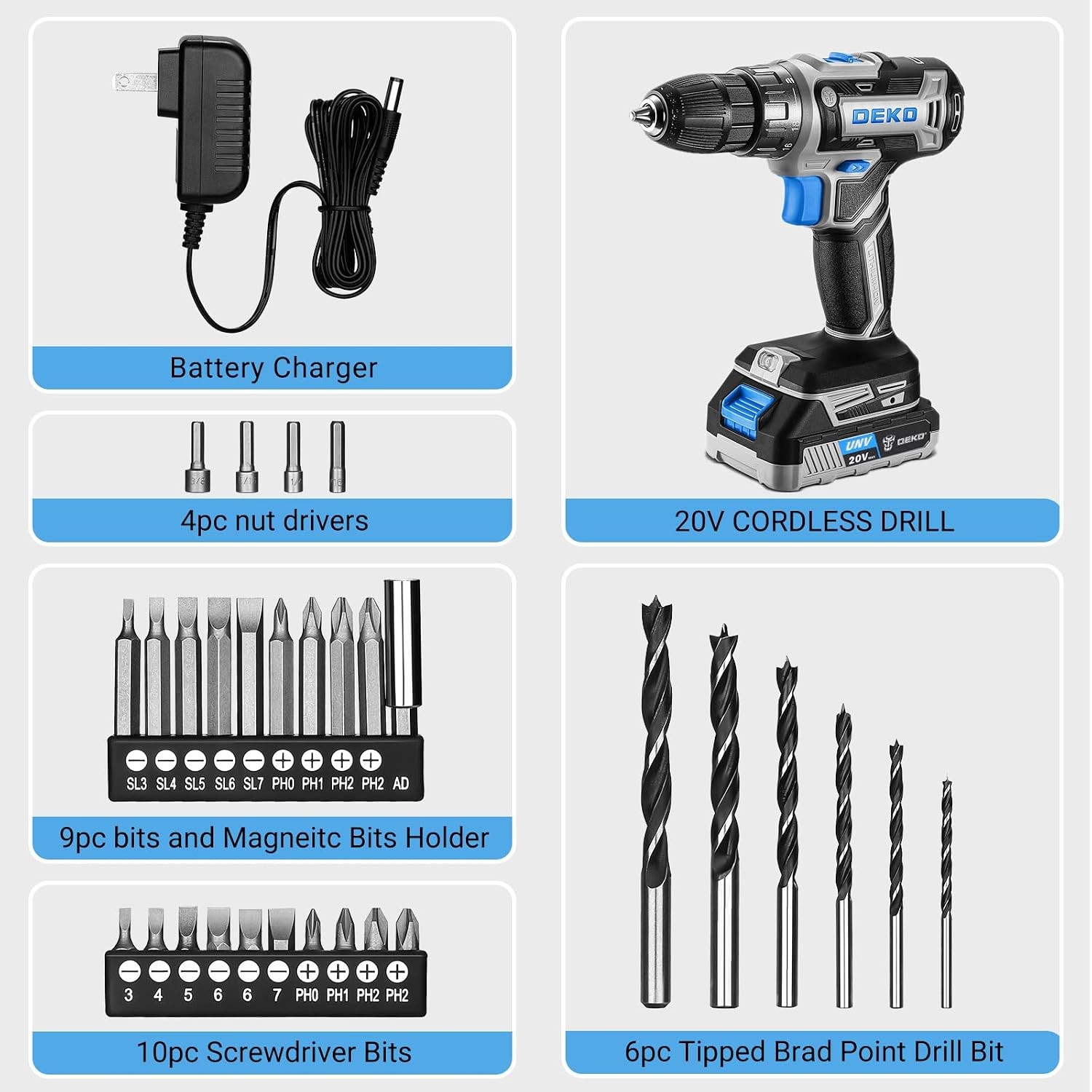 Power Drill Cordless: DEKO PRO Cordless Drill 20V Electric Power Drill Set Tool
