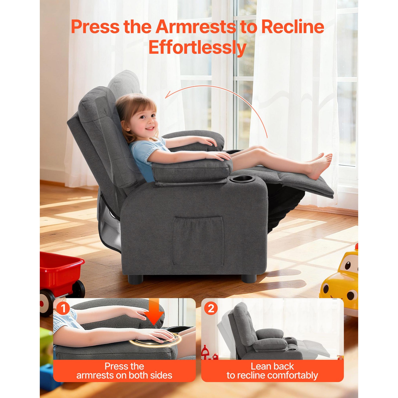 Uimoso Kids Reclining Chair Toddler Recliner with Cup Holders & Pockets (Grey)