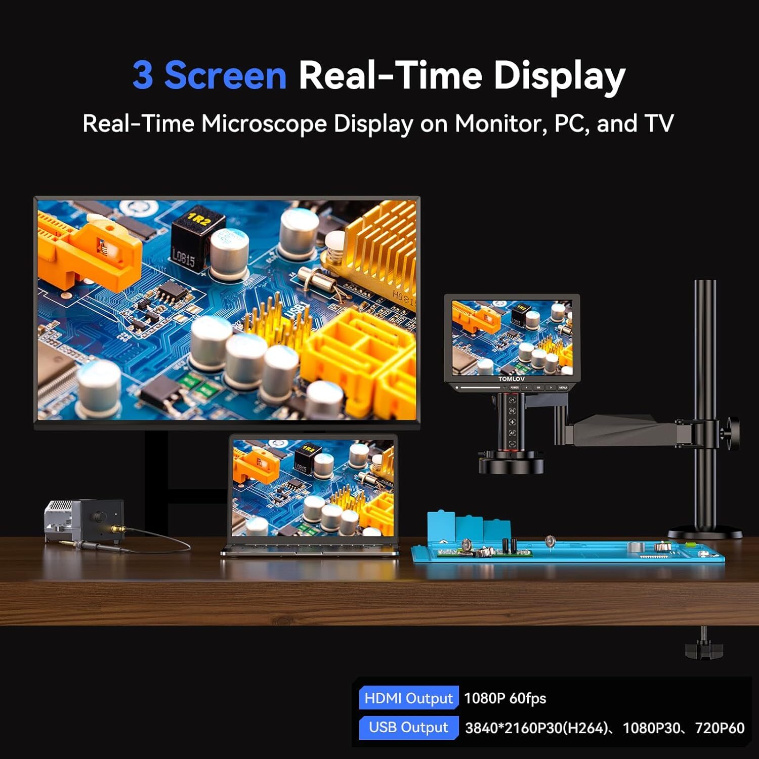 TOMLOV Autofocus 4K Digital Microscope 2000X 8" HDMI Micro Soldering Coin 52MP