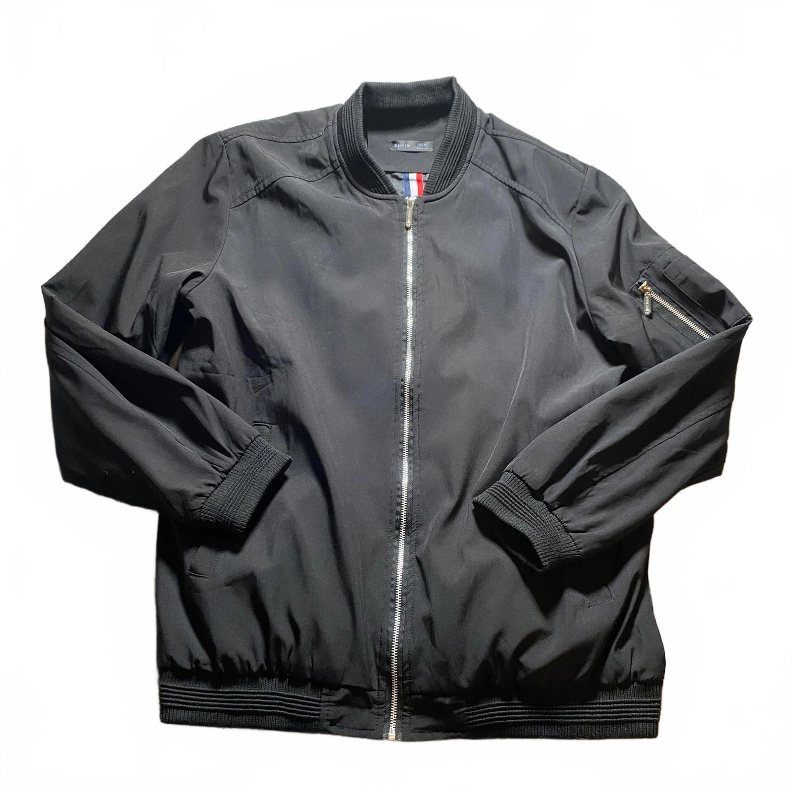 Shein Bomber Jacket XXL Black Men's Polyester Zip Pocket Casual Style