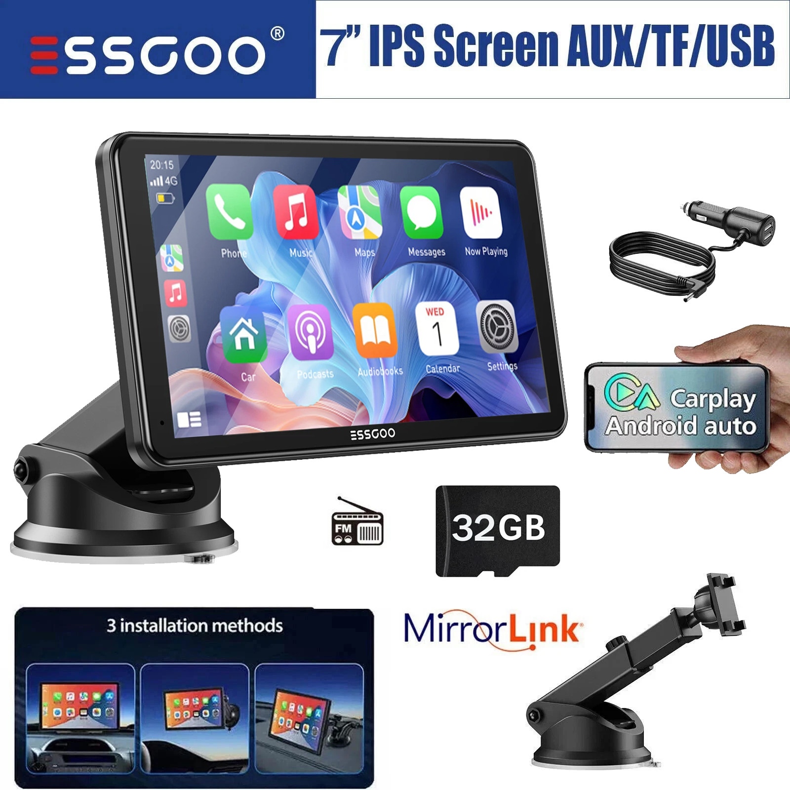 7" IPS Touch Screen Portable Wireless Apple CarPlay and Android Auto for Car 32G