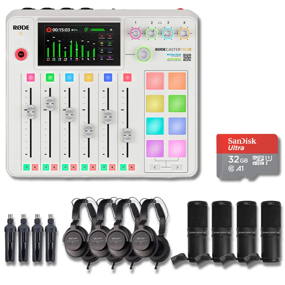 Rode RODECaster Pro 2 White Bundle with 4x Zoom ZDM-1 Podcast Mic Packs