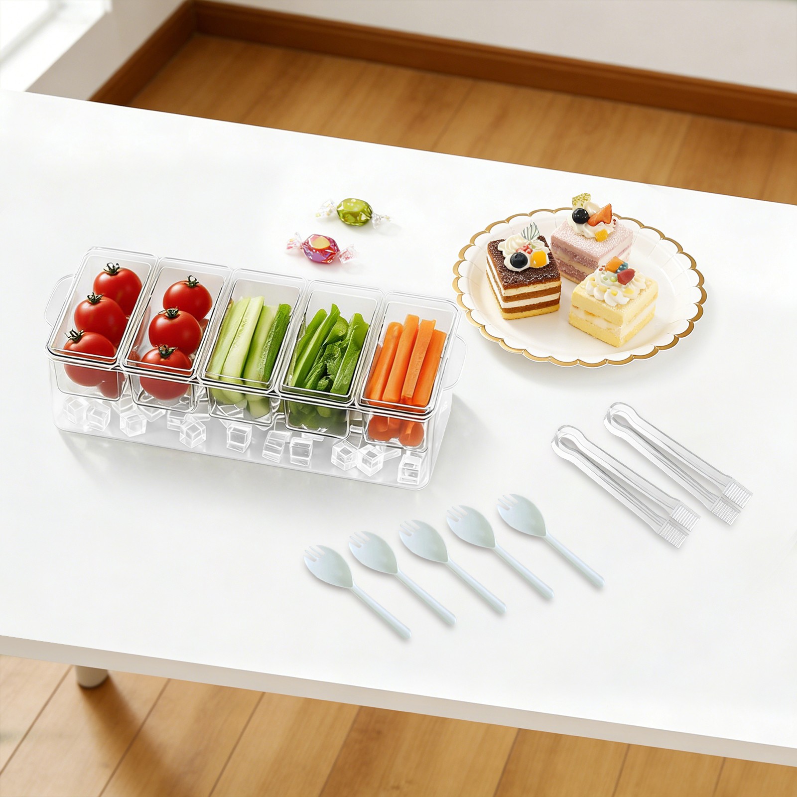 Compartmentalized Salad Storage Container, Ice Chilled Condiment Containers