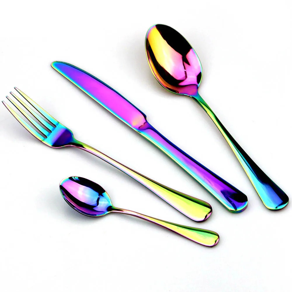 Rainbow Stainless Steel Flatware Set (4-Piece) – Modern Mirror-Polished Cutlery