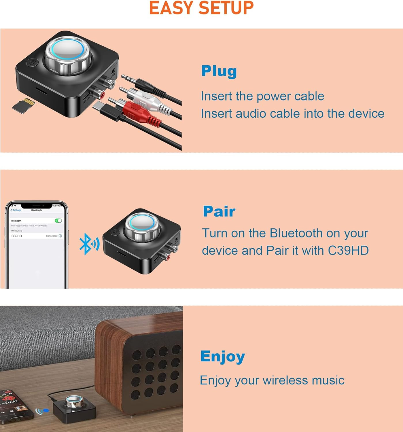 Bluetooth Receiver for Home Stereo, Bluetooth to RCA Adapter for Old Receiver...