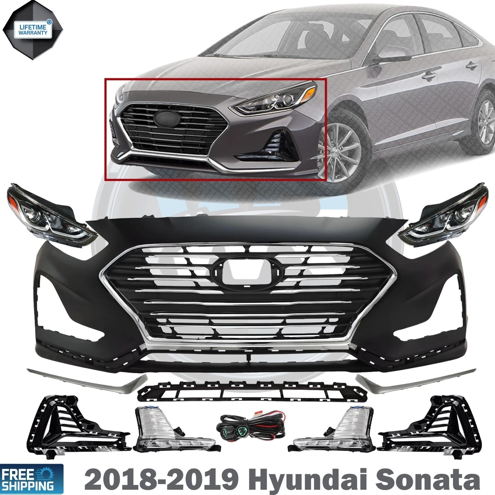Front Bumper Cover Paintable & Grille Assembly Kit For 2018-2019 Hyundai Sonata