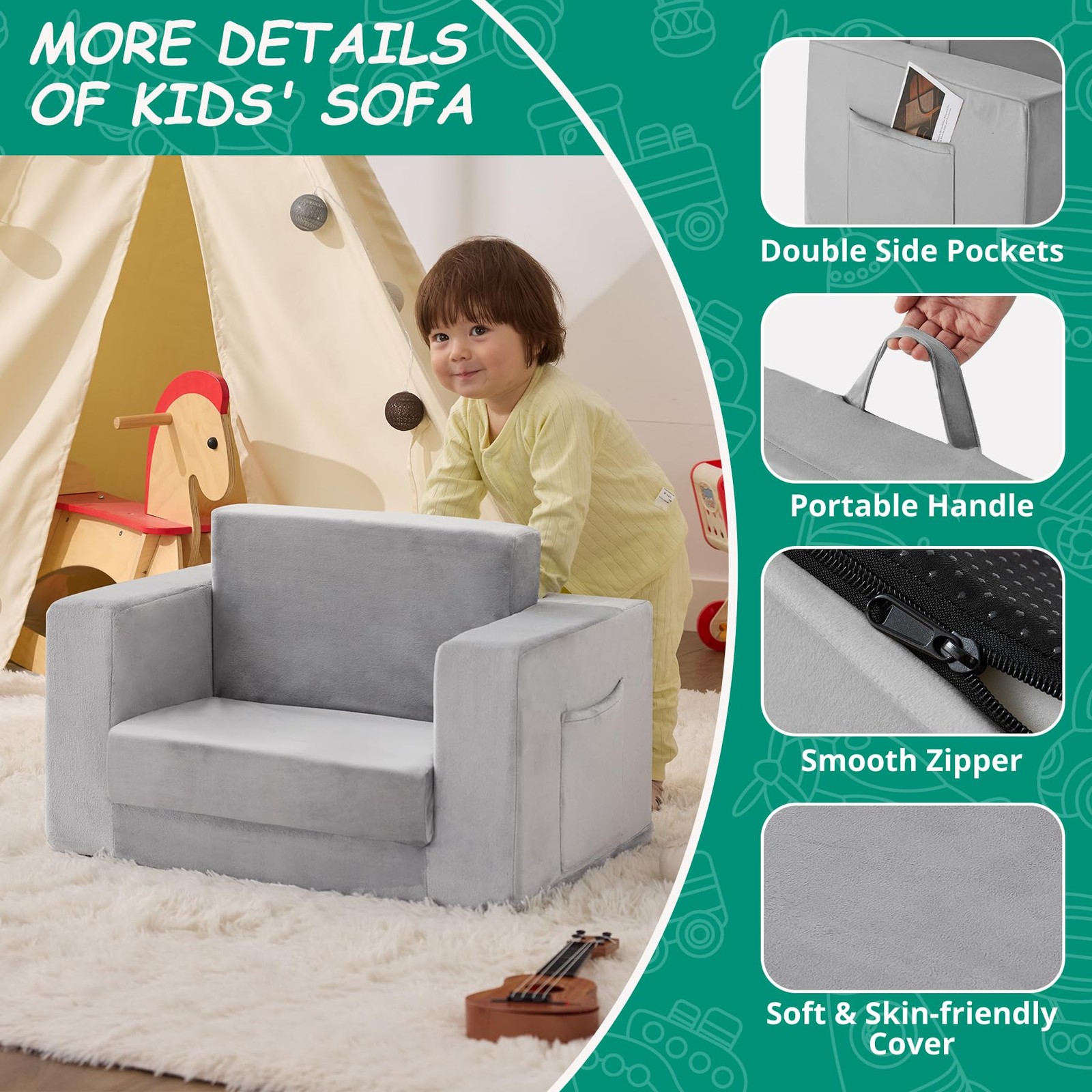 Kids Couch, 2-in-1 Toddler Chair Comfy 1-3 Years Old, Convertible Kids Chair,...