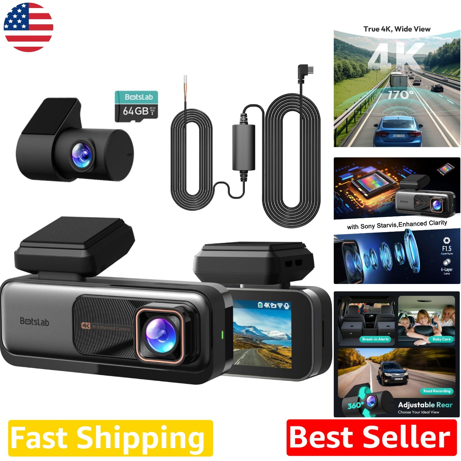 4K Dash Cam | Dual Front Rear | 170° Wide Angle | Night Vision