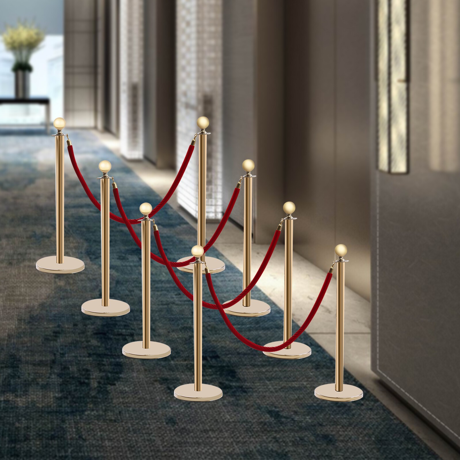 8 PCS Crowd Control Stanchion Gold Posts Set with Red Velvet Rope Queue Barrier