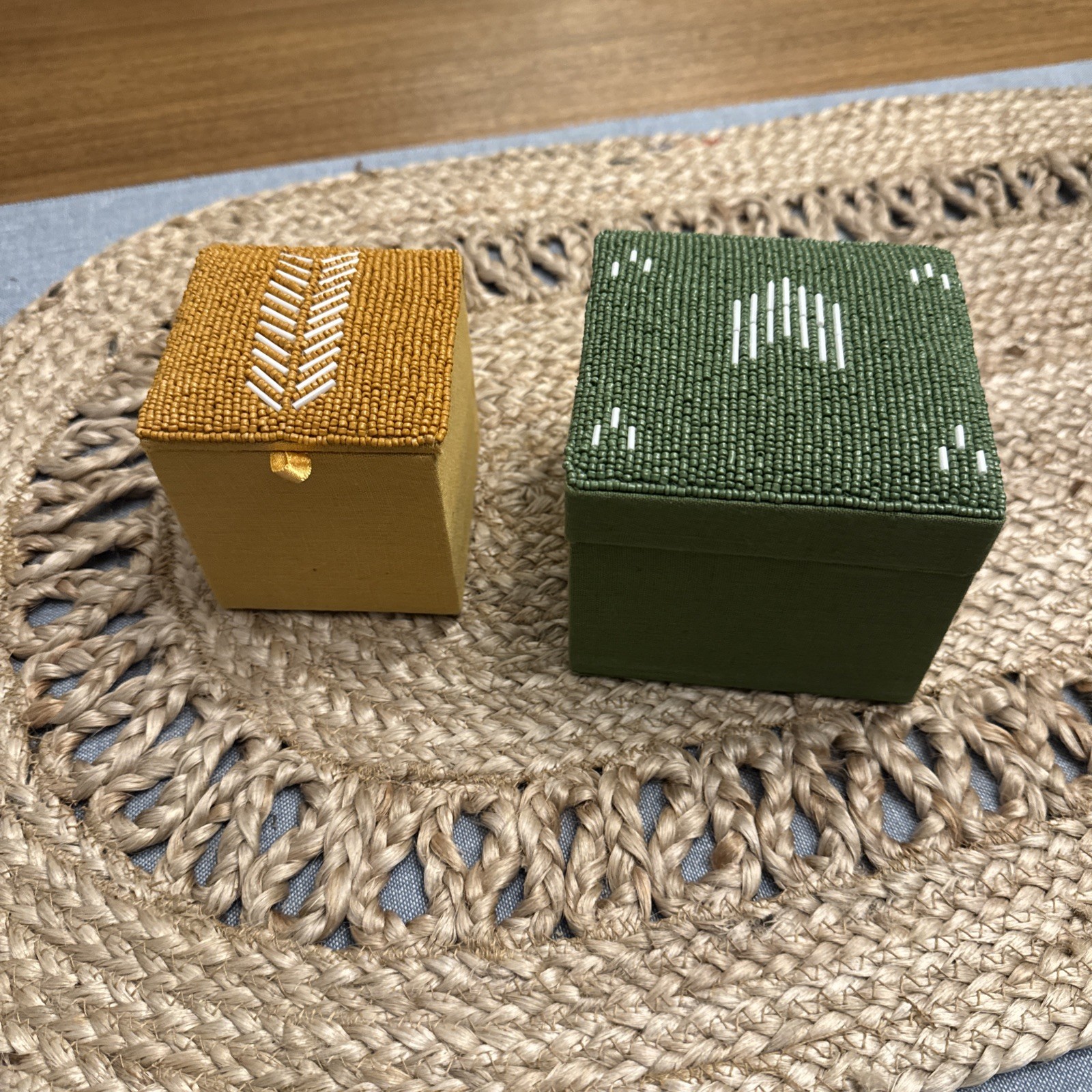 Set Of 2 Green And Yellow Beaded Decorative Boxes World Market 4” 3”