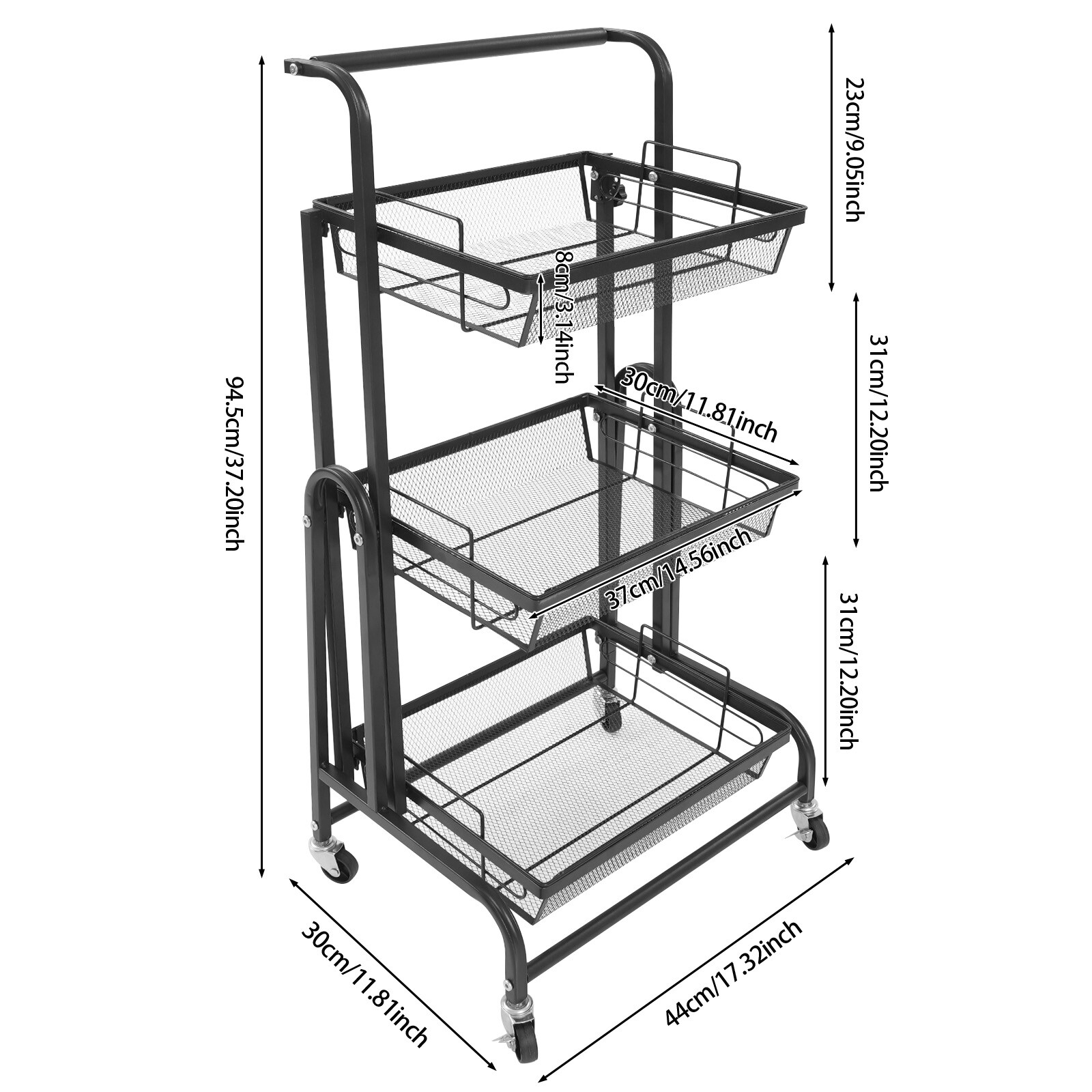 3-Tier Adjustable Metal Rolling Utility Cart, Multi-Functional Storage Cart