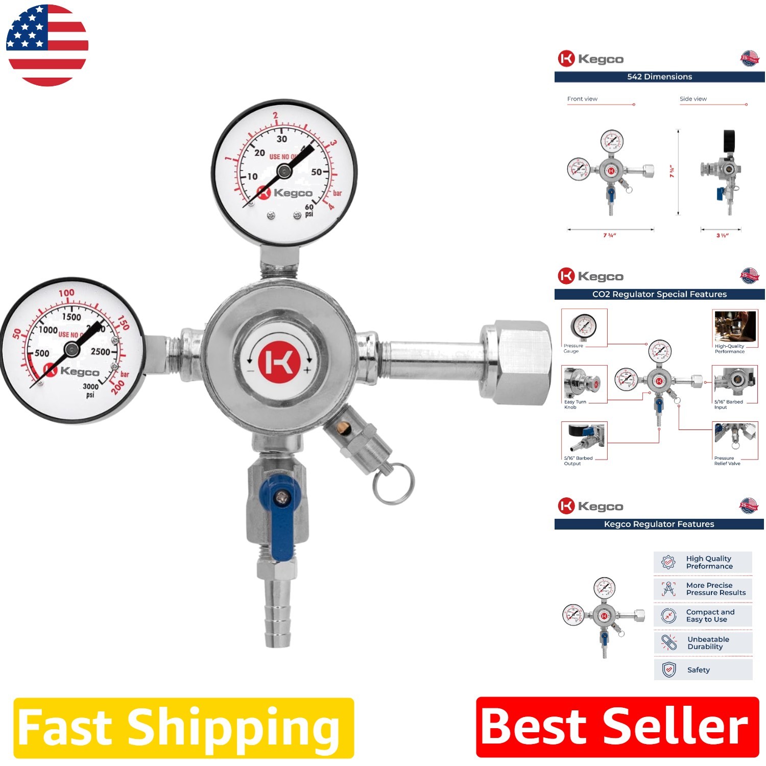 Commercial Grade CO2 Regulator, Pro Series Dual Gauge, Chrome Brass, Kegging