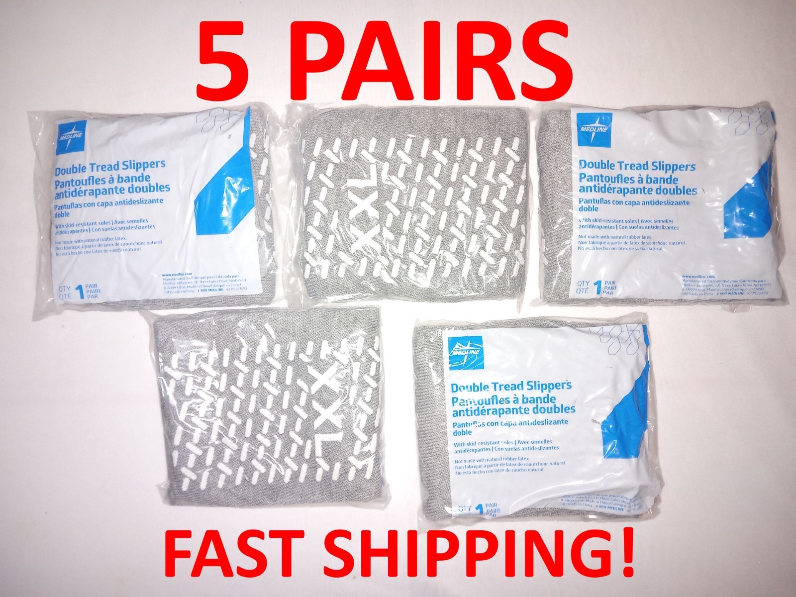 5 Pair Medline XXL Double-Tread Hospital Slipper Socks Gray 2XL Fast Shipping!!