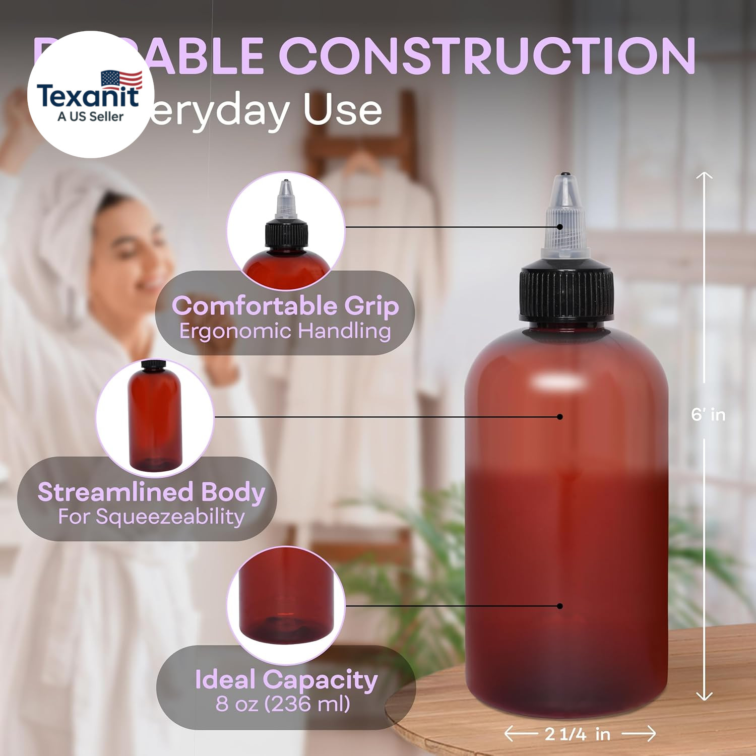 Twist Top Applicator Bottles, 8 OZ Amber, Squeeze Empty round Plastic Bottles, B
