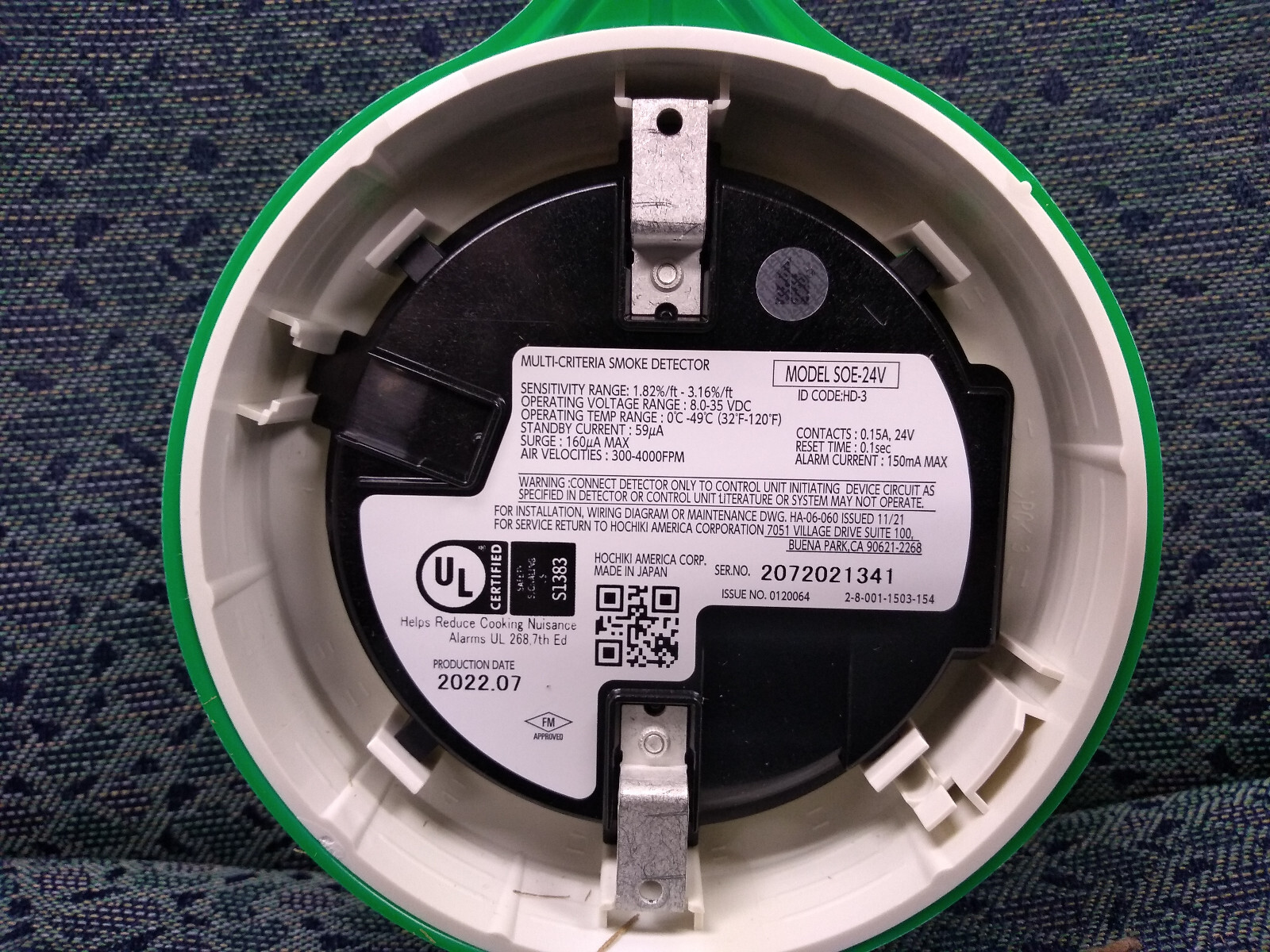 Smoke Detector Head, Conventional, Photoelectric. Hochiki Model SOE-24V