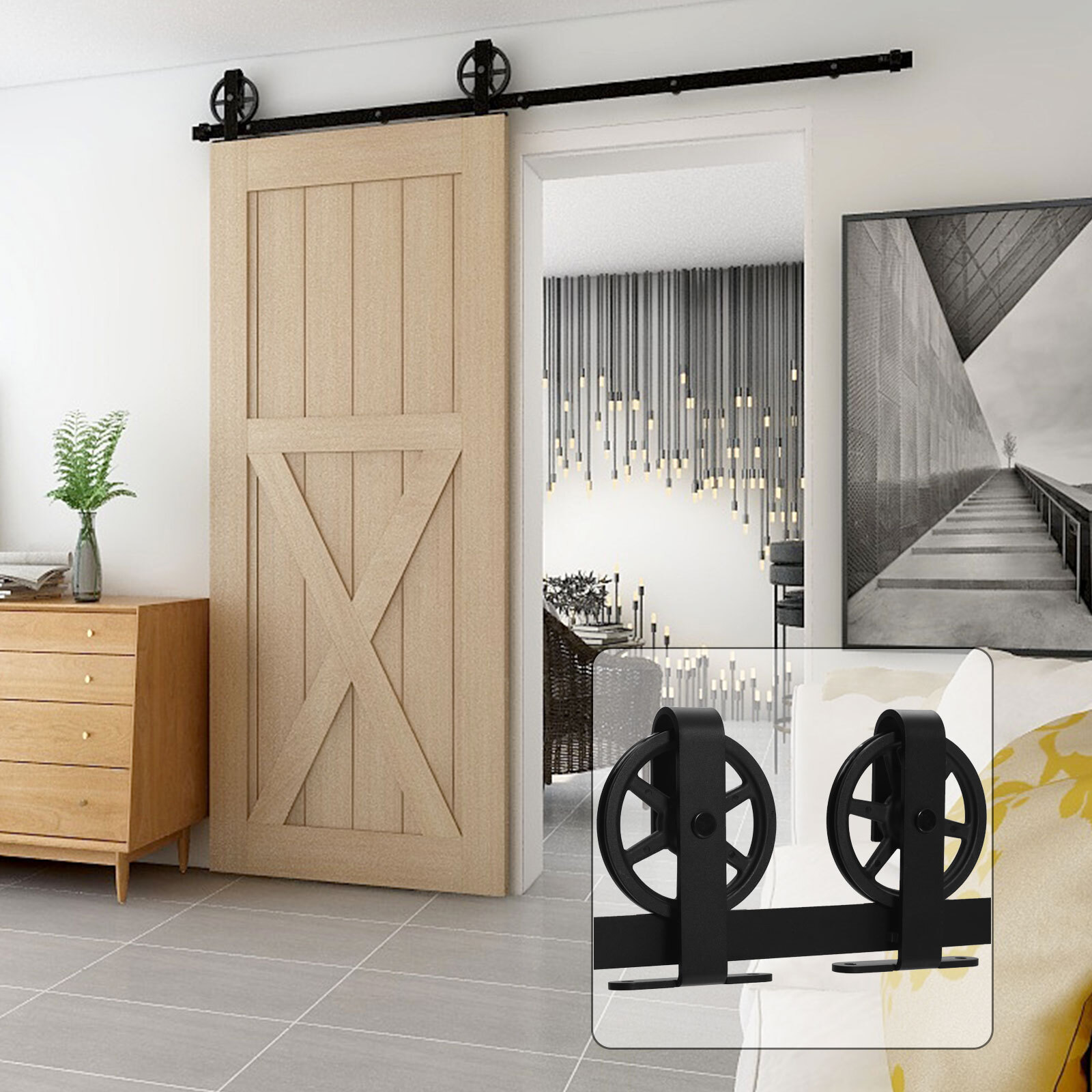 4FT-12FT Sliding Barn Door Hardware Kit Modern Roller Big Wheel for Single Door