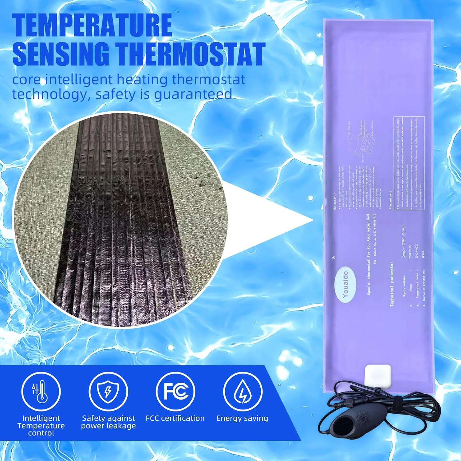 Smart Waterbed Heater with LED Digital Controller, 250W Waterbed Heating Pad for