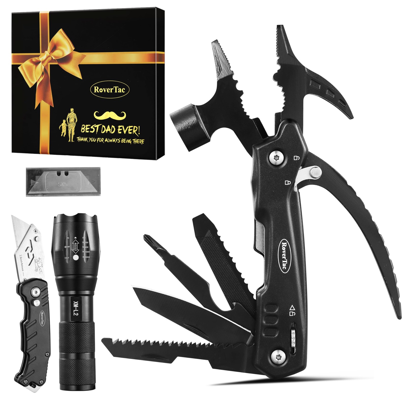 RoverTac Dad Tool Gift Set, 12-in-1 Multitool Hammer, Flashlight & Black