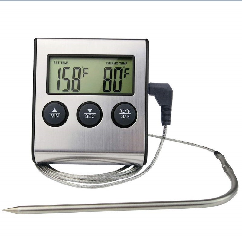 Digital Cooking Meat Thermometer For BBQ Grill Smoker Wired Probe Timer & Alarm