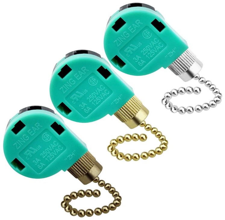 3 Pack Ceiling Fan Switch 3 Speed 4 Wire Zing Ear ZE-268S6 Fan Pull Chain Switch