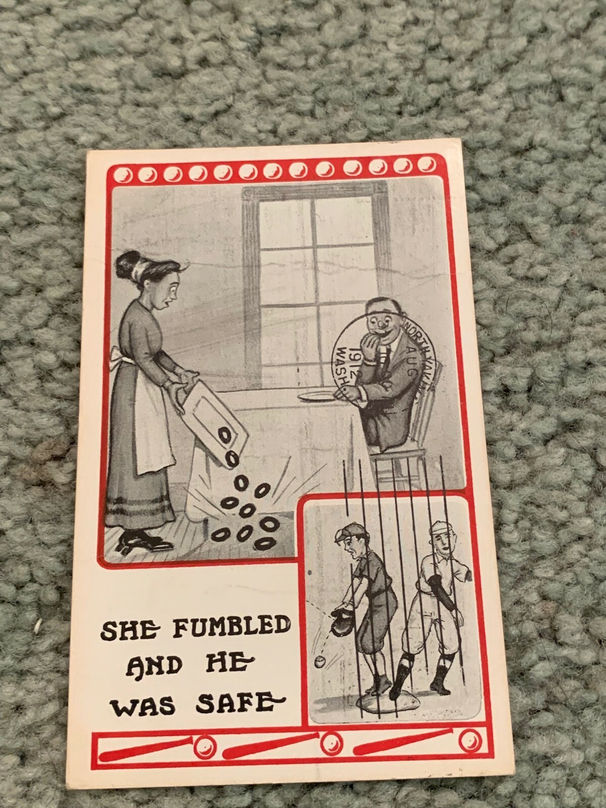 1912 Baseball Postcard She Fumbled and He Was Safe Postmarked with Stamp
