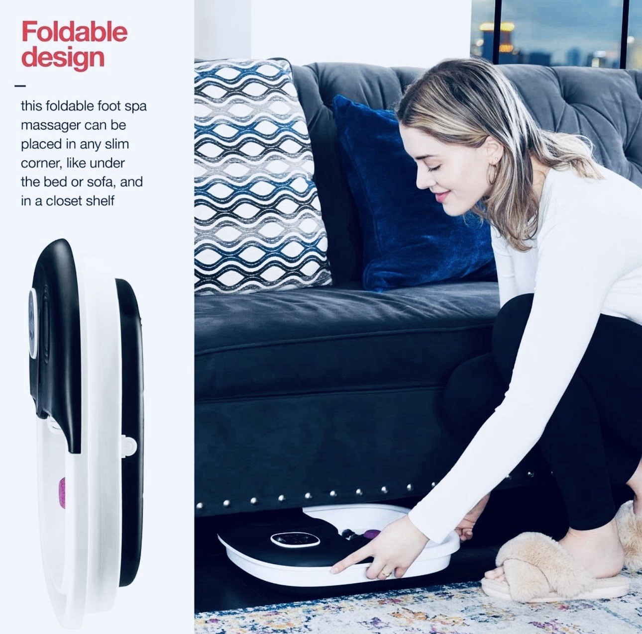 Foldable Heated Foot Bath with Massage Rollers, Bubble Jets, Remote, Black/White