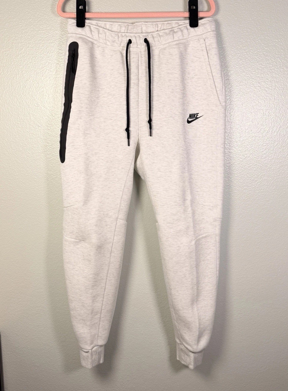 Nike Tech Fleece Joggers Mens Medium Light Oatmeal Heather Black Zip Drawstring