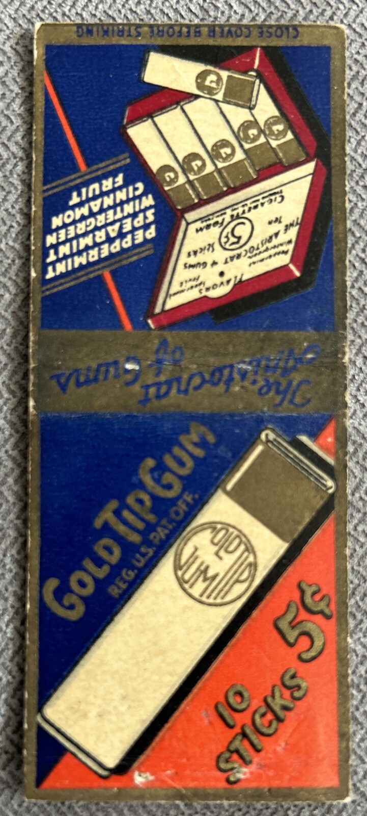 Vintage Gold Tip Gum “The Aristocrat Of Gums” Matchbook Cover