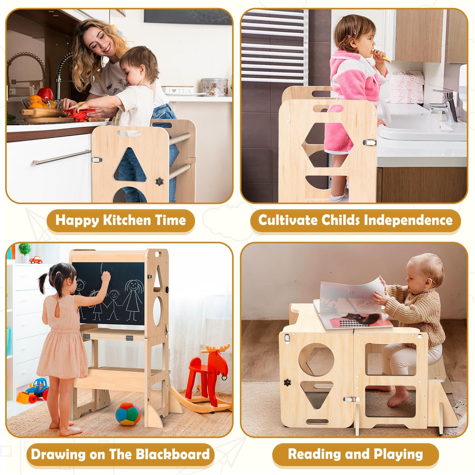 Woodure 4-in-1 Toddler Kitchen Step Stool, Foldable Learning Tower
